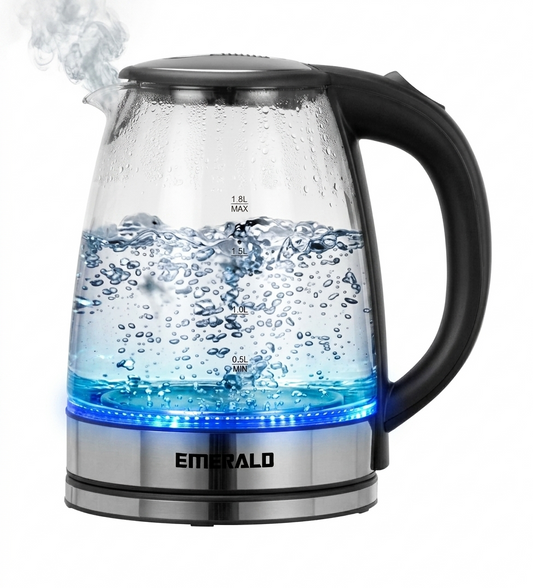 Emerald 1.8L Clear Glass Electric Kettle, Break Resistant, Rapid Boil, 1100W