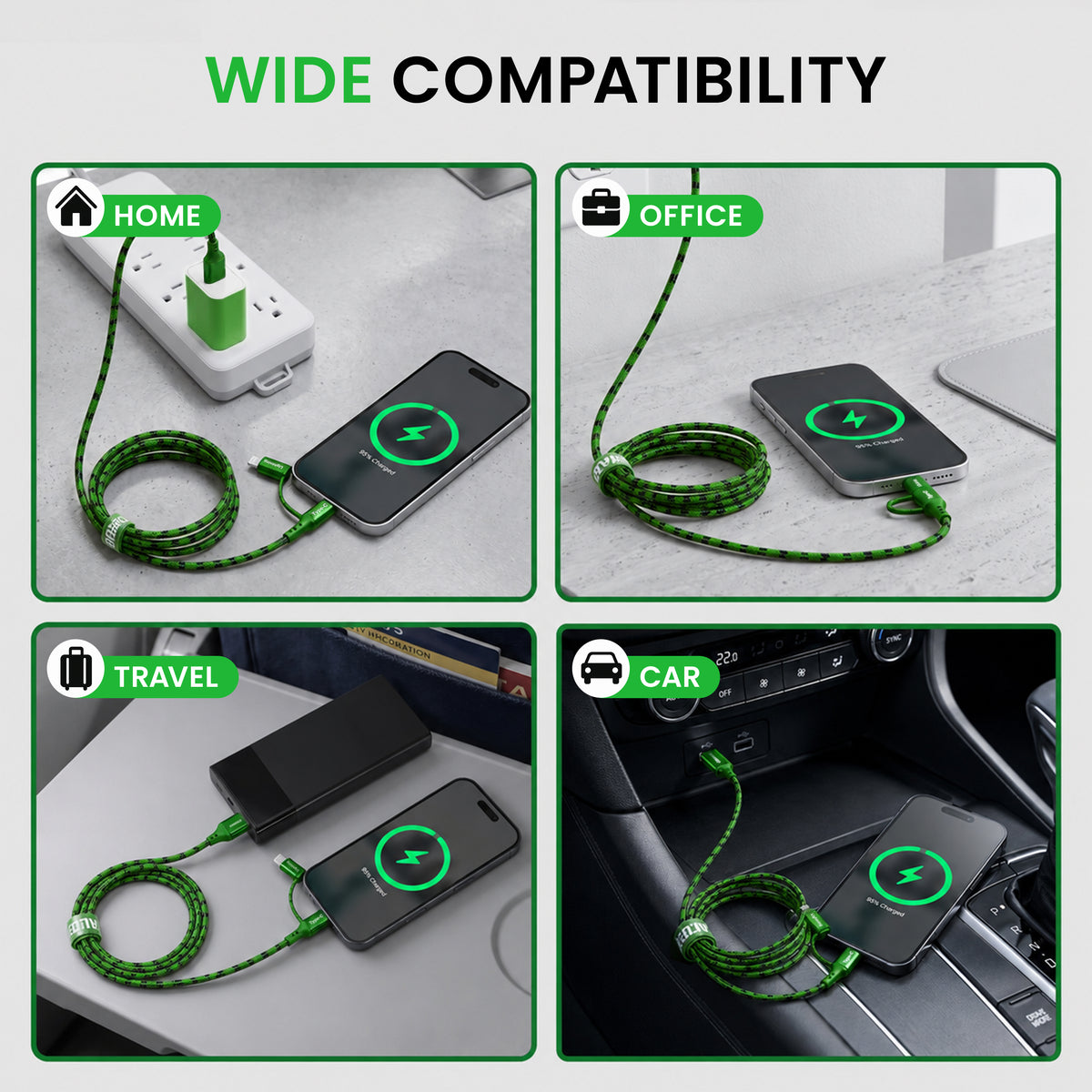Emerald 6ft 4-in-1 Braided USB-A & Type-C to Lightning & Type-C with Adapter, Fast Charging & Data Syncing Cable