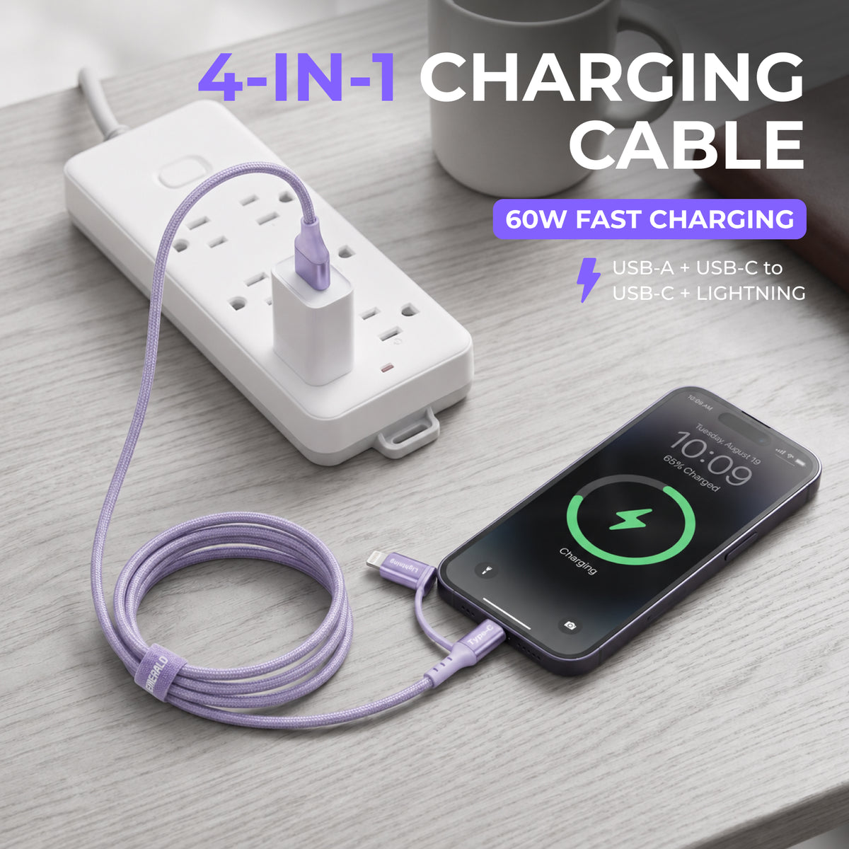 Emerald 6ft 4-in-1 Braided USB-A & Type-C to Lightning & Type-C, Fast Charging & Data Syncing Cable