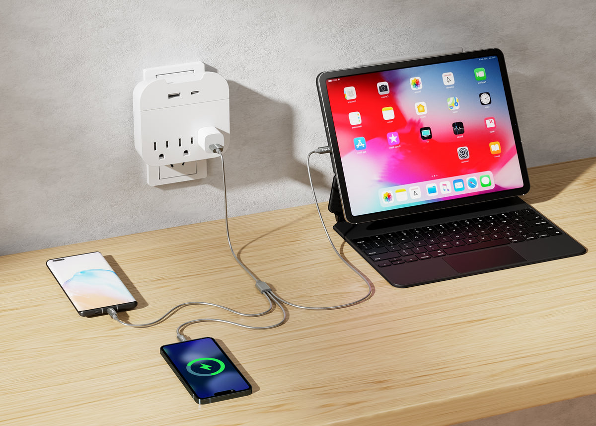 Emerald 6ft 3-in-1 Braided USB-A to Triple USB-C (Type-C), Charging & Data Syncing Cable - Grey
