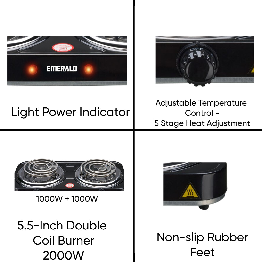Emerald Compact & Portable, 2000W (2x1000W) Electric Double Burner 5.5" Coils Stovetop