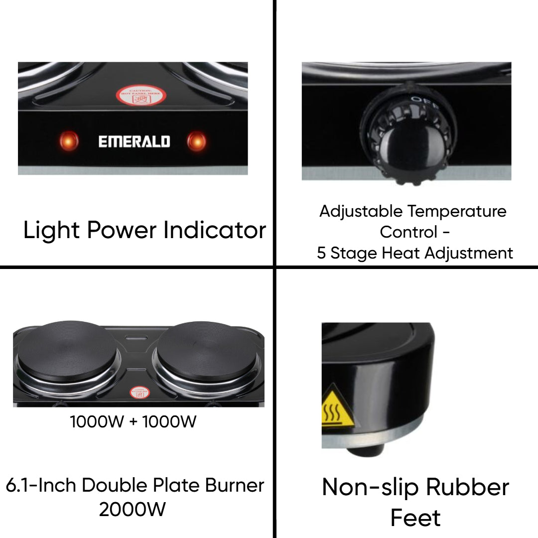 Emerald Compact & Portable, 2000W (2x1000W) Electric Double Burner 6.1" Coils Less Plate Stovetop