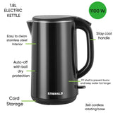 Emerald 1.8L Electric Kettle, 1100W, Auto Shut-Off, Fast-Boil Design