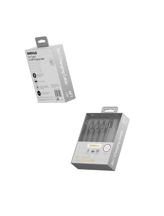 Emerald 6ft 3-in-1 Braided USB-A to Triple USB-C (Type-C), Charging & Data Syncing Cable - Grey