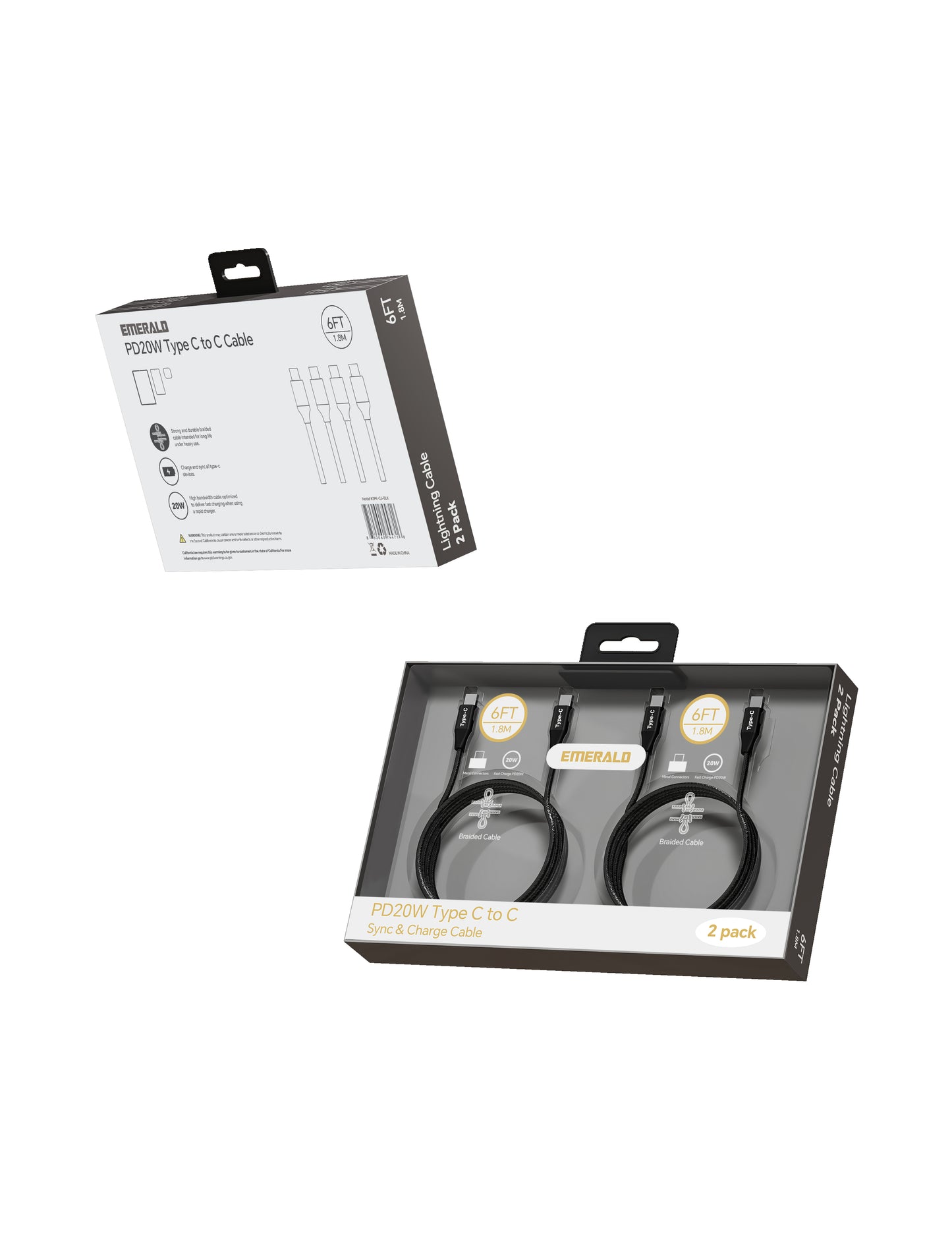 Emerald 2Pack 6ft Braided Type-C to Type-C, Charging & Data Syncing Cable