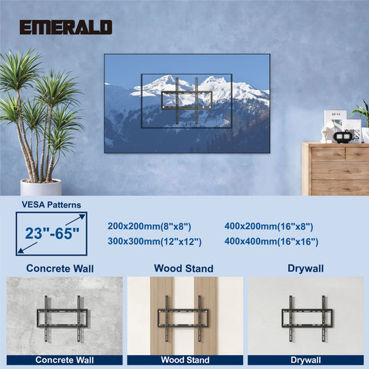 Emerald Ultra Slim Fixed Wall Mount for 23"–65" TVs, 0.81" Low Profile, VESA 200x200 to 400x400mm