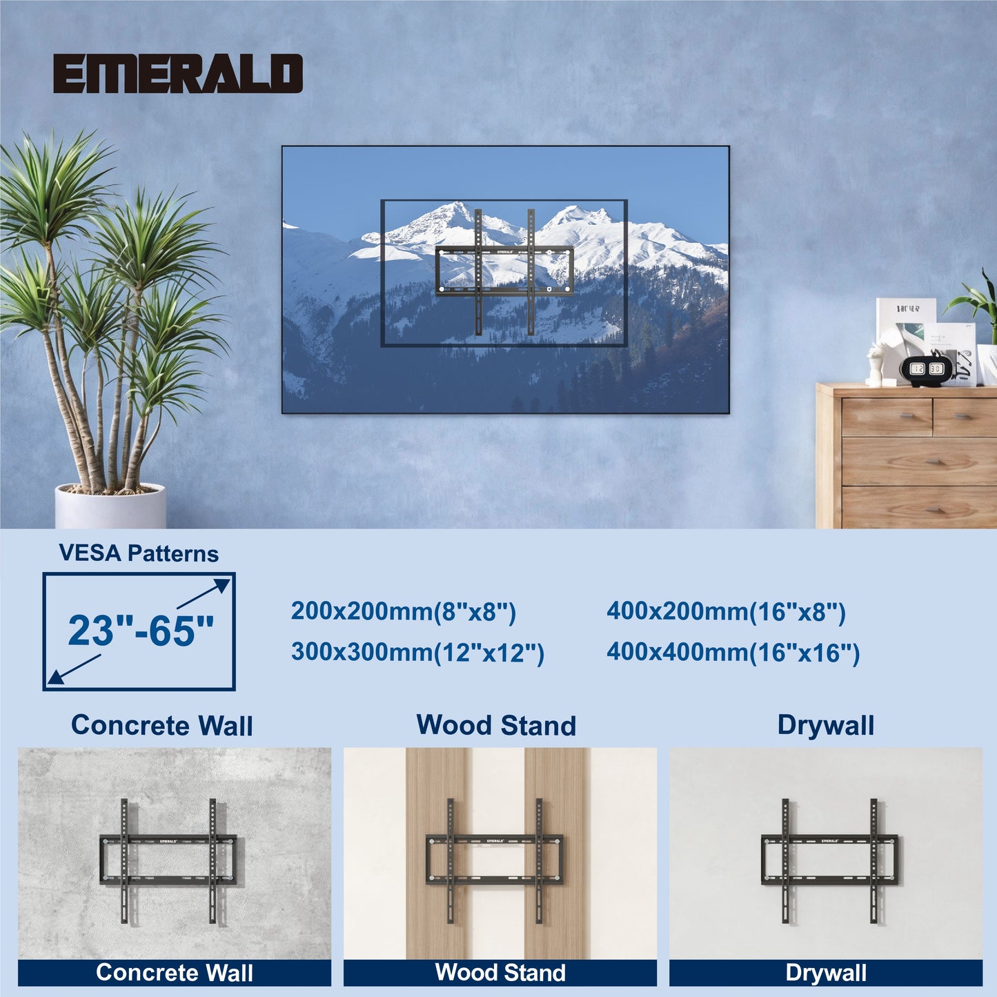 Emerald Ultra Slim Fixed Wall Mount for 23"–65" TVs, 0.81" Low Profile, VESA 200x200 to 400x400mm