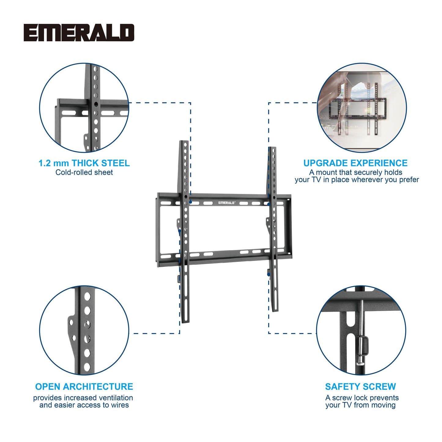 Emerald Ultra Slim Fixed Wall Mount for 23"–65" TVs, 0.81" Low Profile, VESA 200x200 to 400x400mm