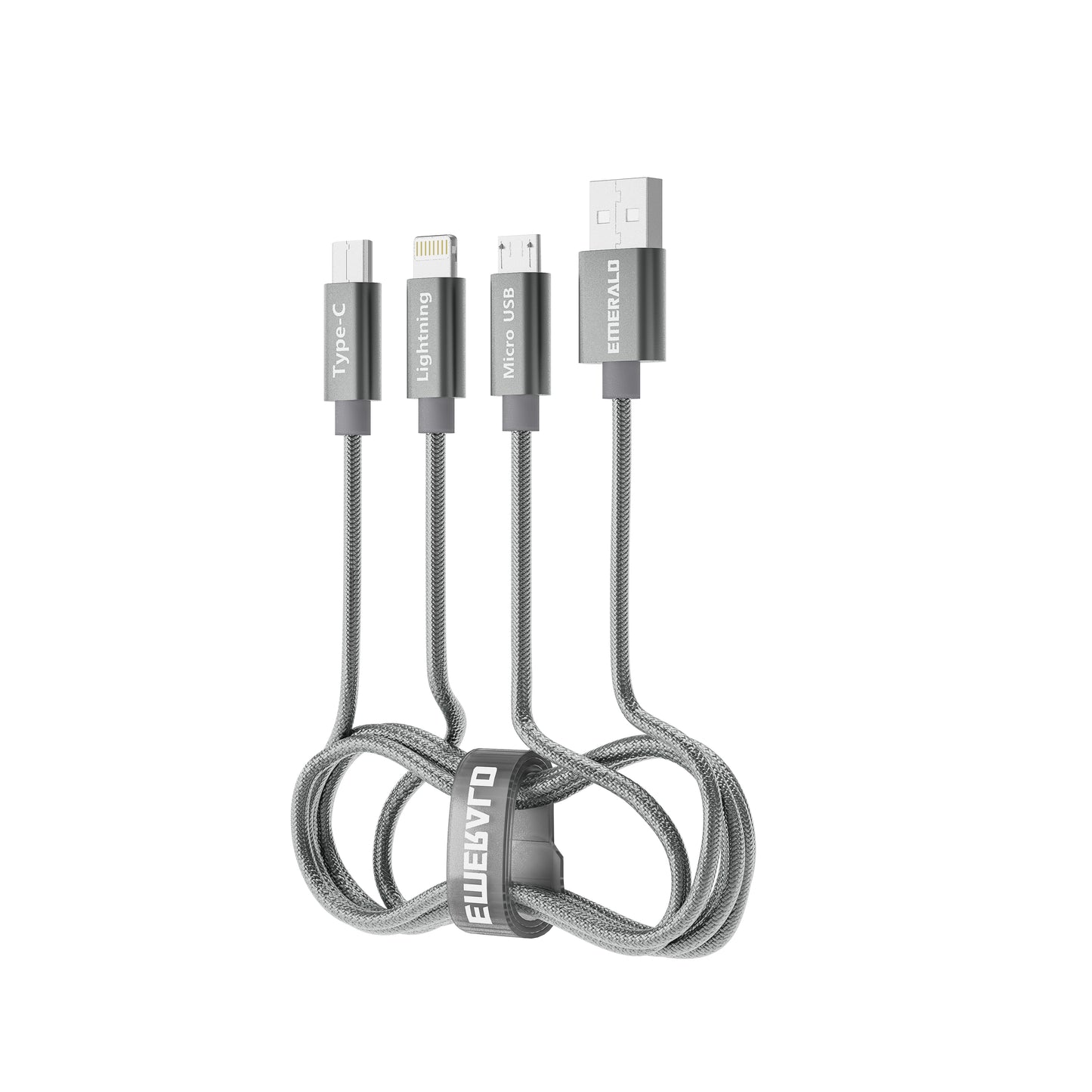 Emerald 6ft 3-in-1 Braided USB-A to Lightning, Type-C & Micro USB Fast Charging & Data Syncing Cable - Grey
