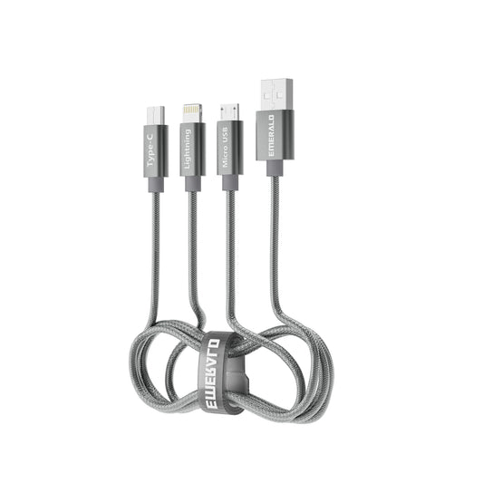 Emerald 6ft 3-in-1 Braided USB-A to Lightning, Type-C & Micro USB Fast Charging & Data Syncing Cable - Grey