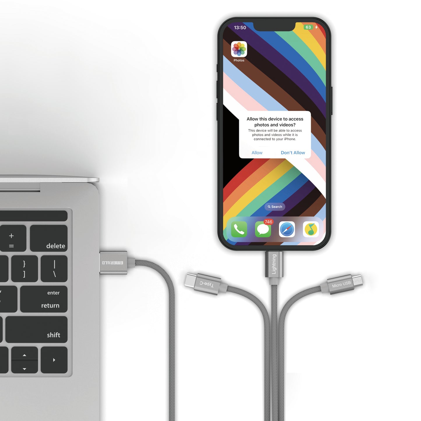 Emerald 6ft 3-in-1 Braided USB-A to Lightning, Type-C & Micro USB Fast Charging & Data Syncing Cable - Grey