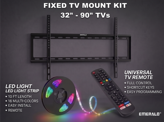 Emerald 32"-90" Fixed TV Wall Mount Kit with 10ft LED Strip Light and Universal TV Remote