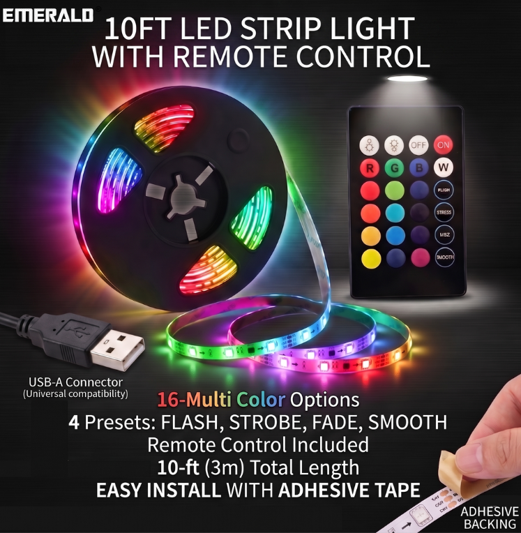 Emerald 32"-90" Fixed TV Wall Mount Kit with 10ft LED Strip Light and Universal TV Remote