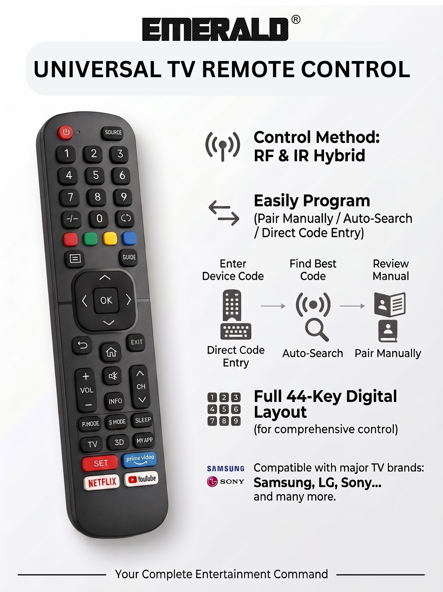 Emerald 32"-90" Fixed TV Wall Mount Kit with 10ft LED Strip Light and Universal TV Remote