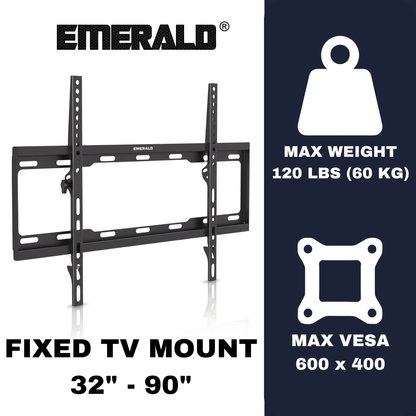 Emerald 32"-90" Fixed TV Wall Mount Kit with 10ft LED Strip Light and Universal TV Remote