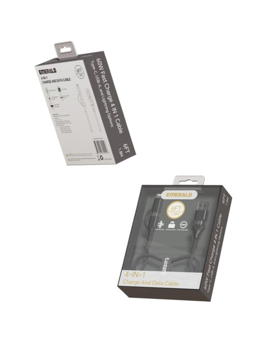 Emerald 6ft 4-in-1 Braided USB-A & Type-C to Lightning & Type-C, Fast Charging & Data Syncing Cable