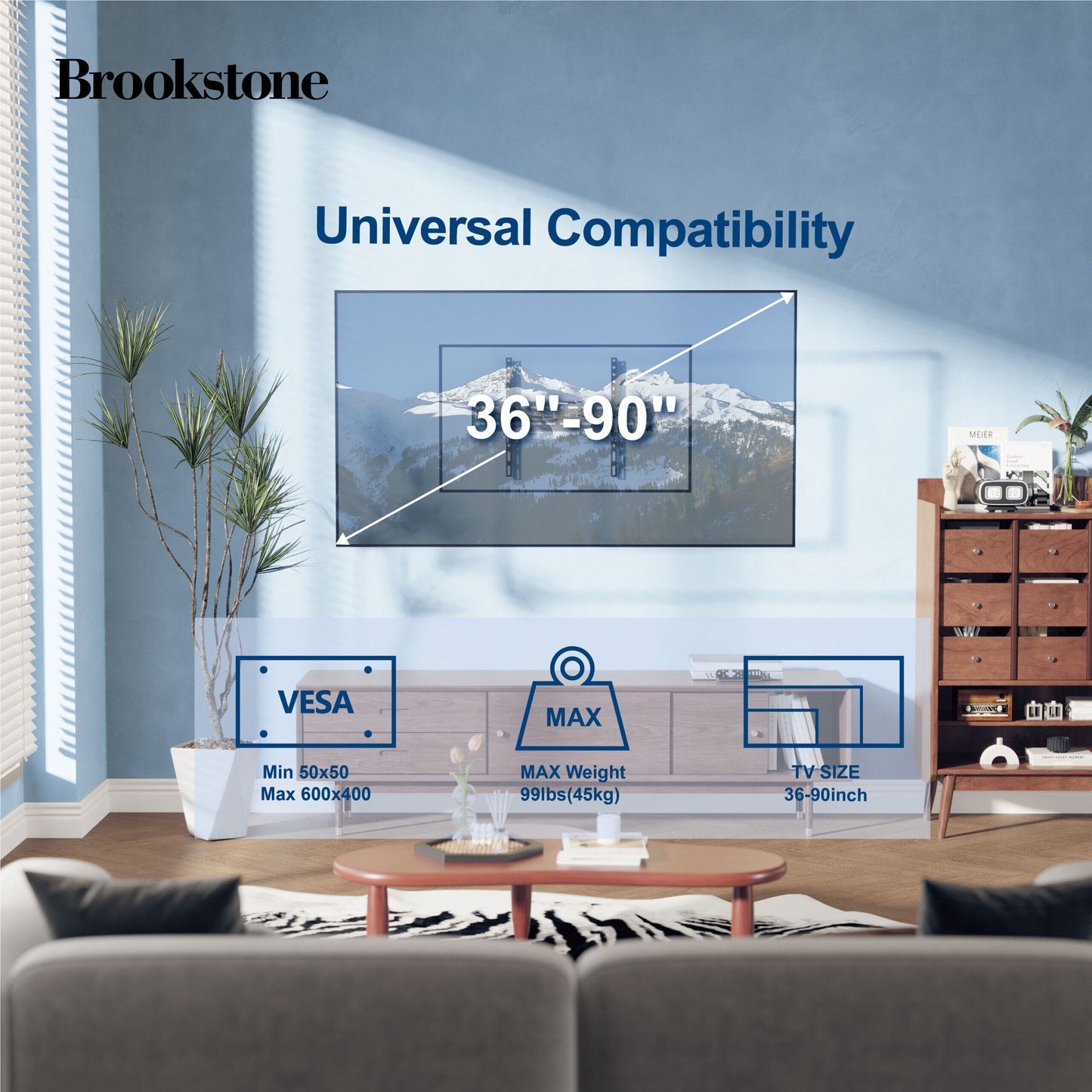 Brookstone Fixed TV Wall Mount for 26"-85" TVs, Max 99 lbs, VESA 50x50 to 600x400mm