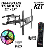 Emerald 32–85" Heavy Duty Full Motion TV Wall Mount Kit with 20ft LED Strip Light and Universal RF Remote