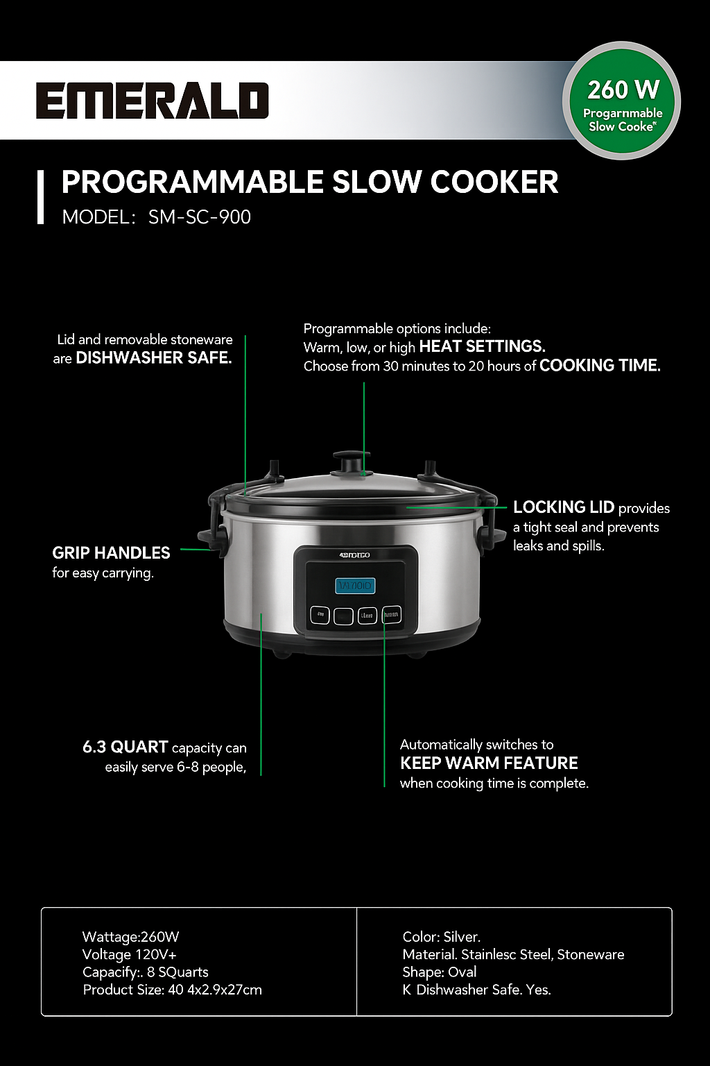 Emerald 6.3-Quart Slow Cooker with Locking Lid, Stainless Steel, Keep Warm Function, Dishwasher Safe