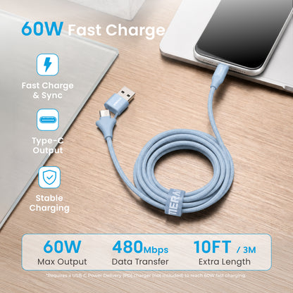 Emerald 10ft Braided USB-A or USB-C to USB-C (Type-C), Fast Charging & Data Syncing Cable