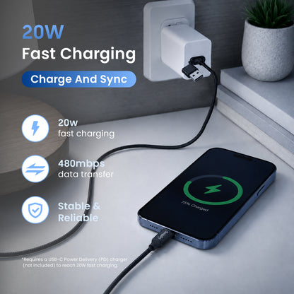 Emerald 10ft Braided USB-A or USB-C to USB-C (Type-C), Fast Charging & Data Syncing Cable