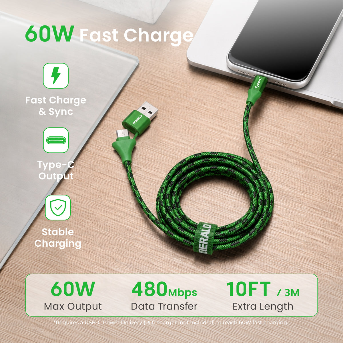 Emerald 10ft Braided USB-A or USB-C to USB-C (Type-C), Fast Charging & Data Syncing Cable