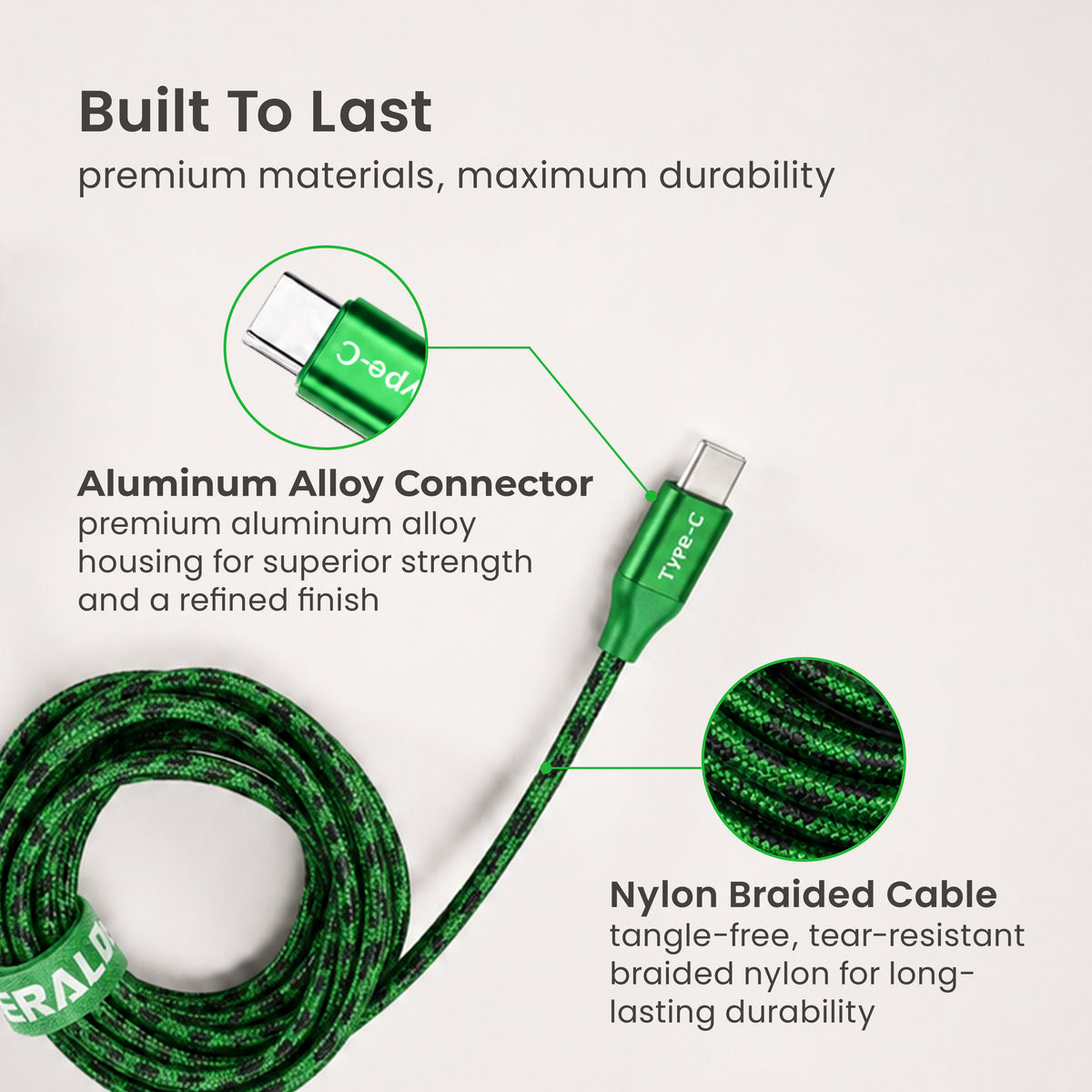 Emerald 10ft Braided USB-A or USB-C to USB-C (Type-C), Fast Charging & Data Syncing Cable