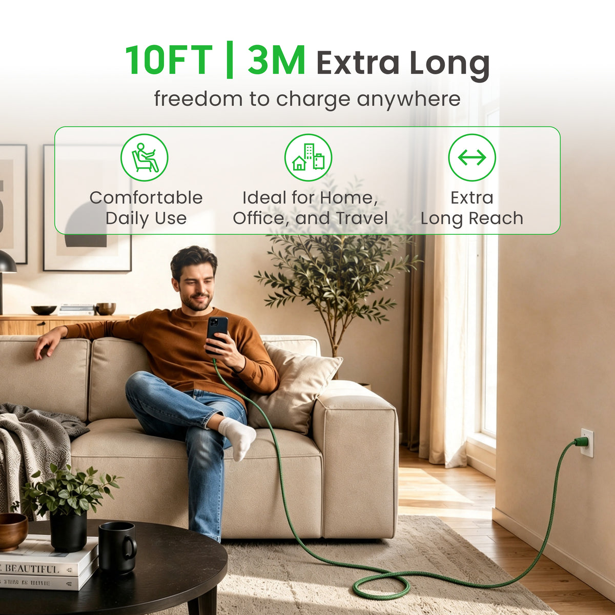 Emerald 10ft Braided USB-A or USB-C to USB-C (Type-C), Fast Charging & Data Syncing Cable
