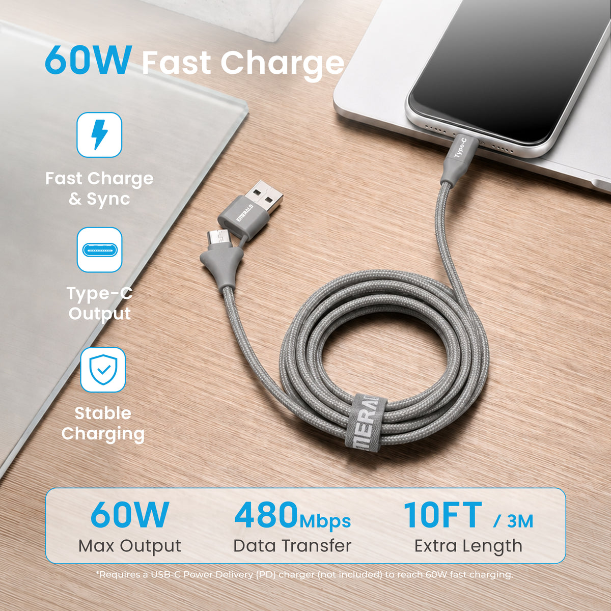 Emerald 10ft Braided USB-A or USB-C to USB-C (Type-C), Fast Charging & Data Syncing Cable