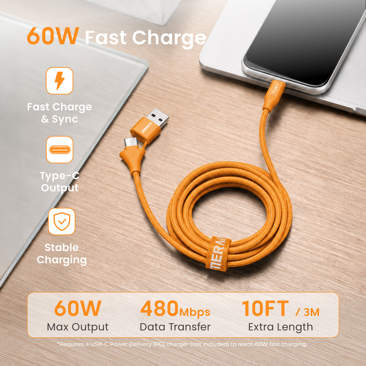 Emerald 10ft Braided USB-A or USB-C to USB-C (Type-C), Fast Charging & Data Syncing Cable