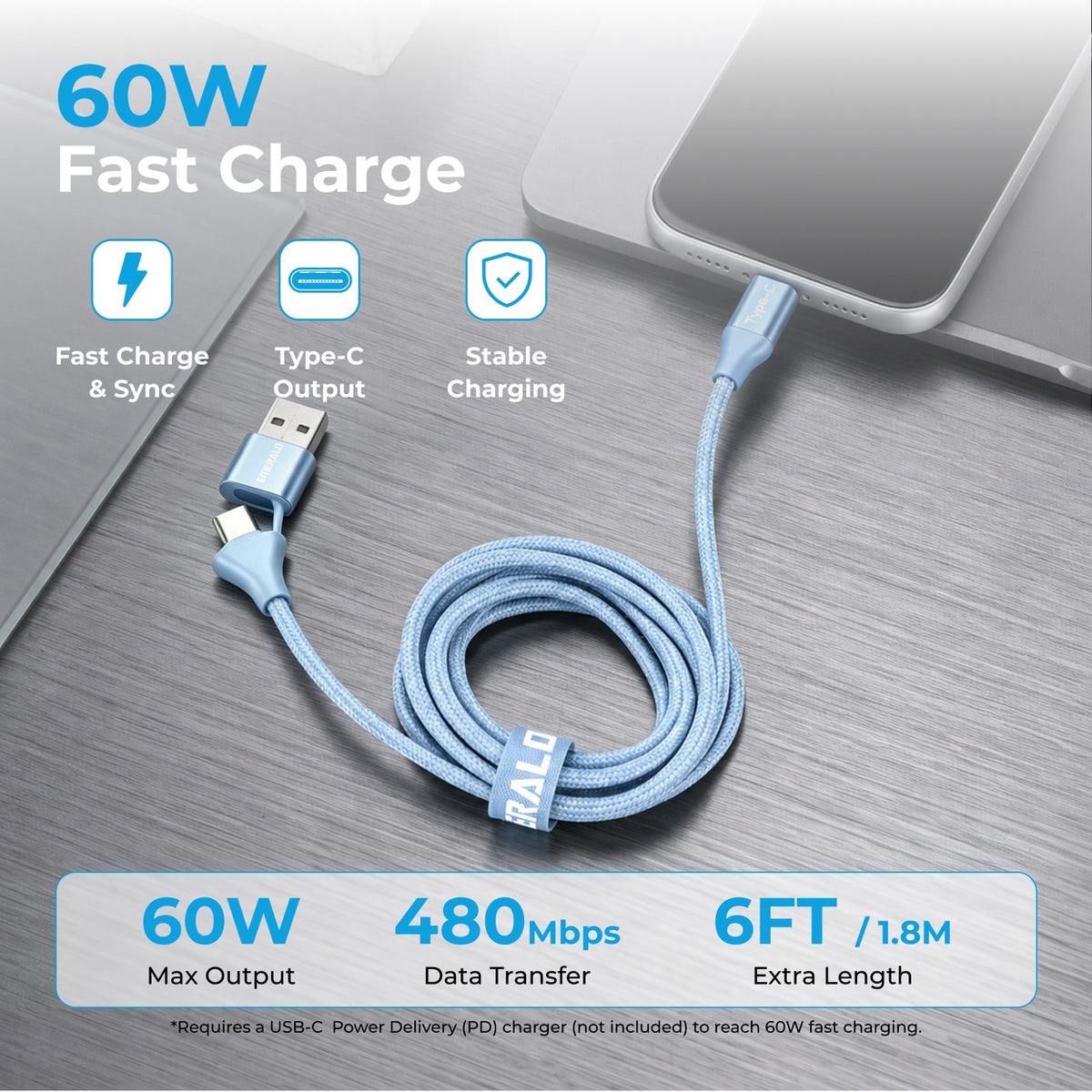 Emerald 6ft Braided USB-A or USB-C to USB-C (Type-C), Fast Charging & Data Syncing Cable