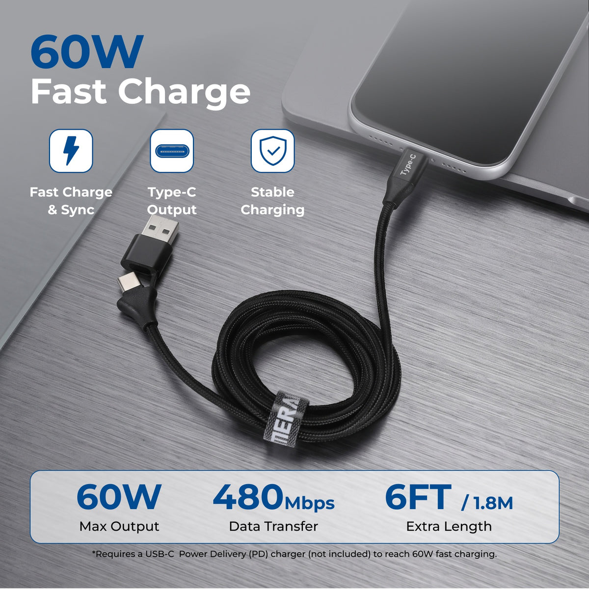 Emerald 6ft Braided USB-A or USB-C to USB-C (Type-C), Fast Charging & Data Syncing Cable
