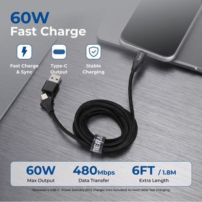 Emerald 6ft Braided USB-A or USB-C to USB-C (Type-C), Fast Charging & Data Syncing Cable