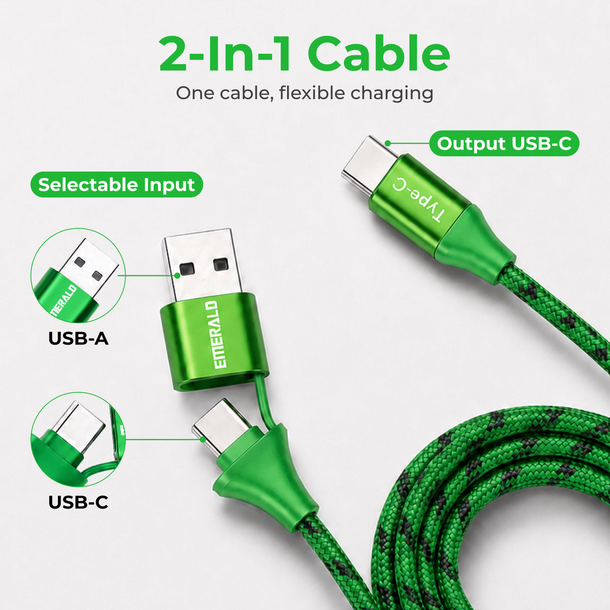 Emerald 6ft Braided USB-A or USB-C to USB-C (Type-C), Fast Charging & Data Syncing Cable