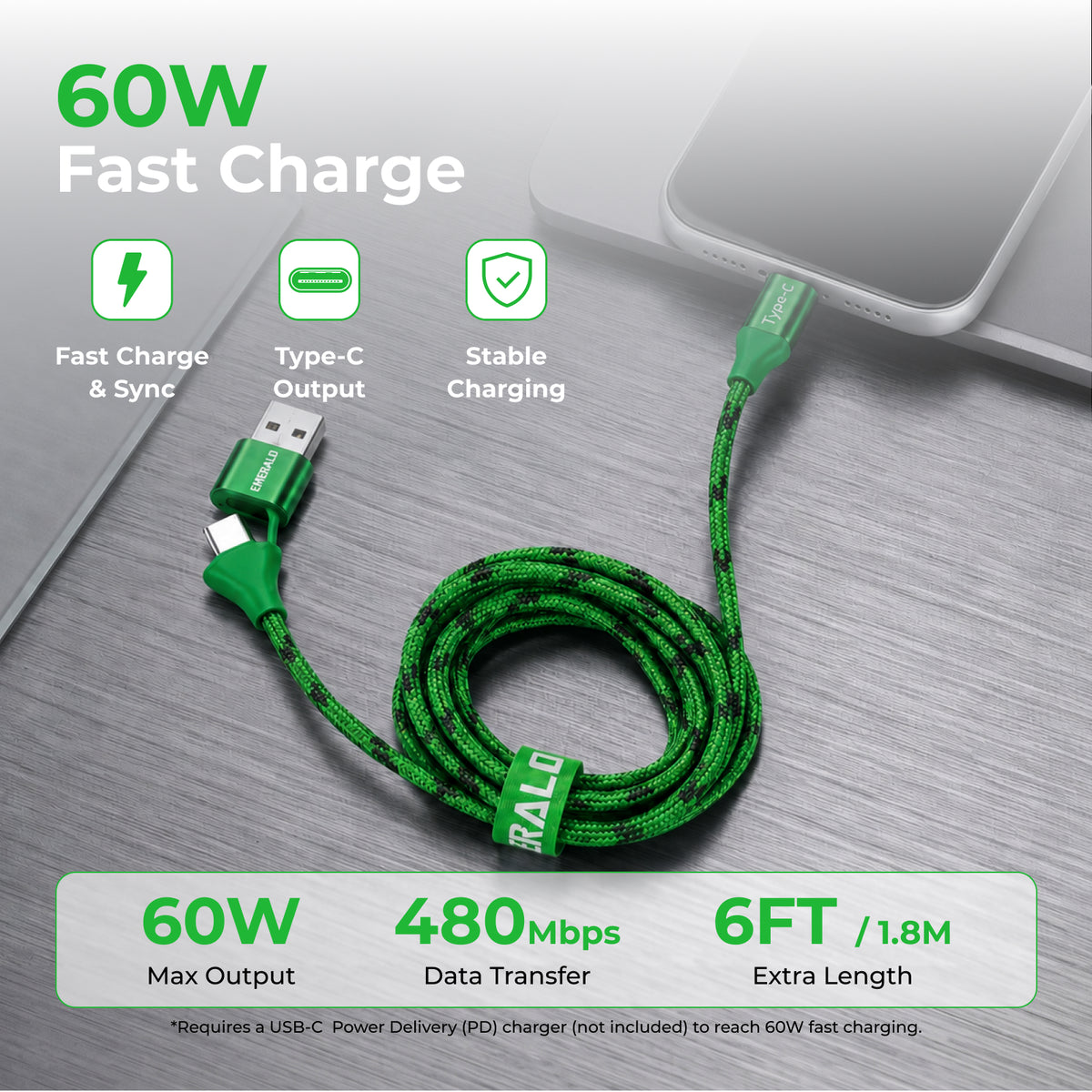 Emerald 6ft Braided USB-A or USB-C to USB-C (Type-C), Fast Charging & Data Syncing Cable