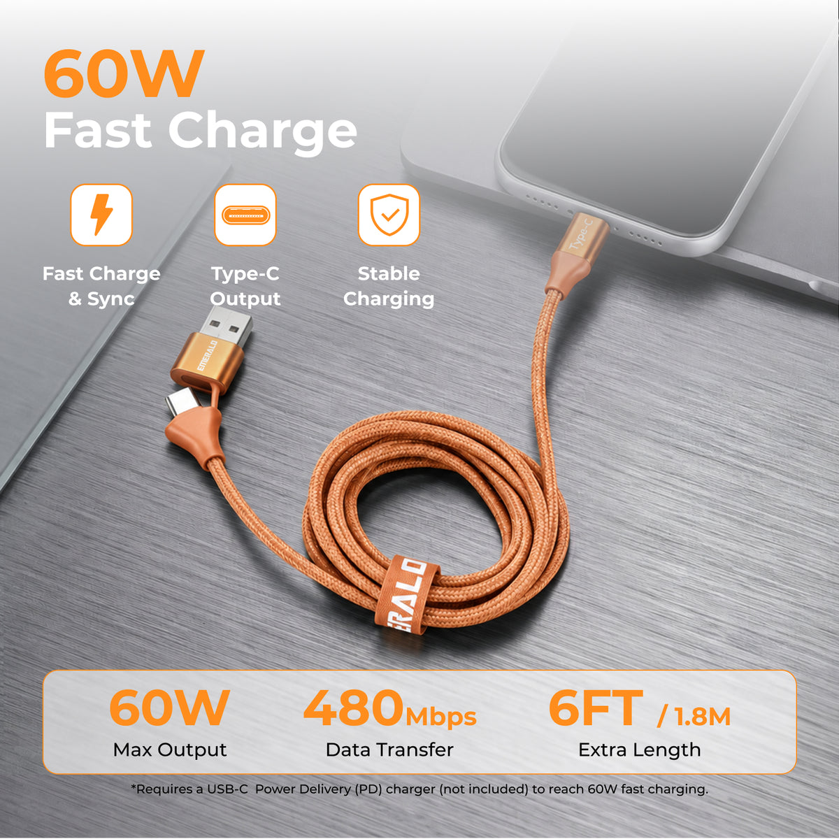 Emerald 6ft Braided USB-A or USB-C to USB-C (Type-C), Fast Charging & Data Syncing Cable