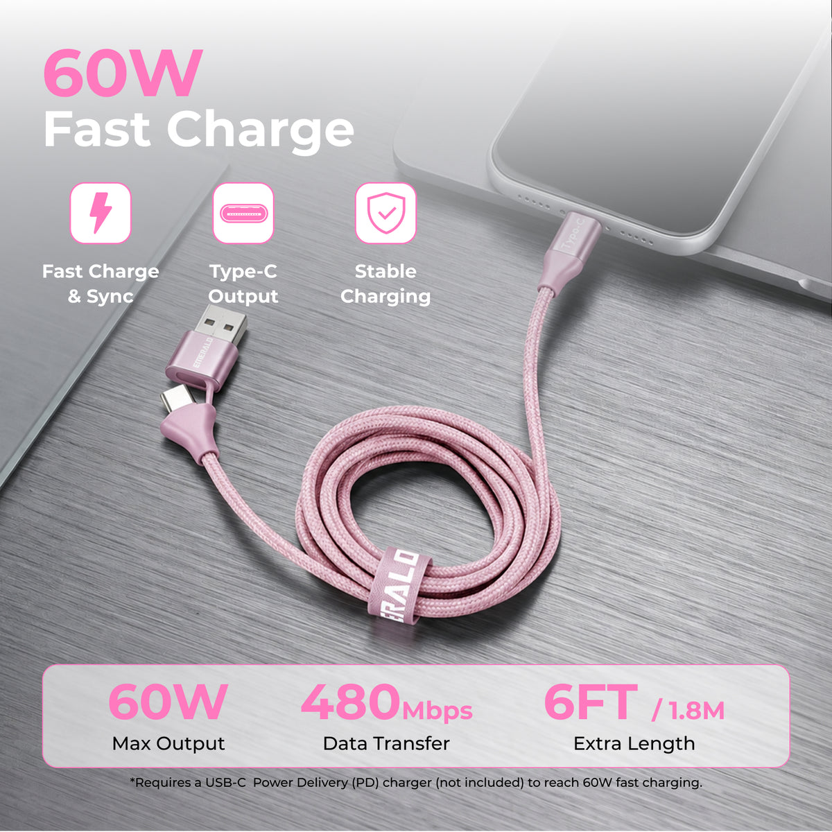 Emerald 6ft Braided USB-A or USB-C to USB-C (Type-C), Fast Charging & Data Syncing Cable
