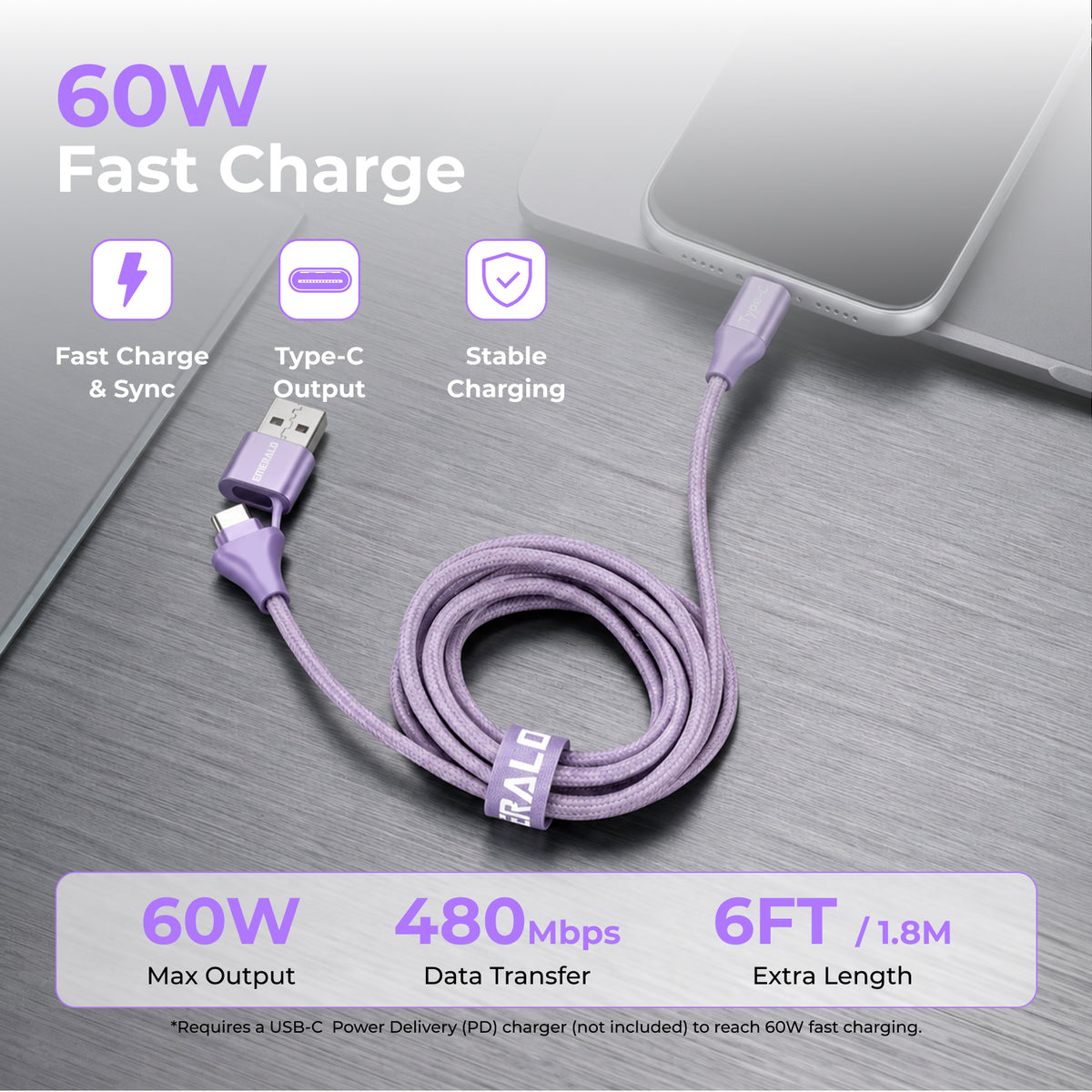 Emerald 6ft Braided USB-A or USB-C to USB-C (Type-C), Fast Charging & Data Syncing Cable