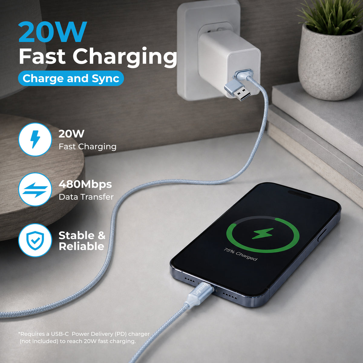 Emerald 10ft Braided USB-A or USB-C to Lightning, Fast Charging & Data Syncing Cable Compatible with iPhone