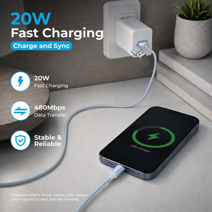 Emerald 10ft Braided USB-A or USB-C to Lightning, Fast Charging & Data Syncing Cable Compatible with iPhone