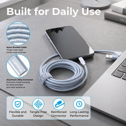 Emerald 10ft Braided USB-A or USB-C to Lightning, Fast Charging & Data Syncing Cable Compatible with iPhone