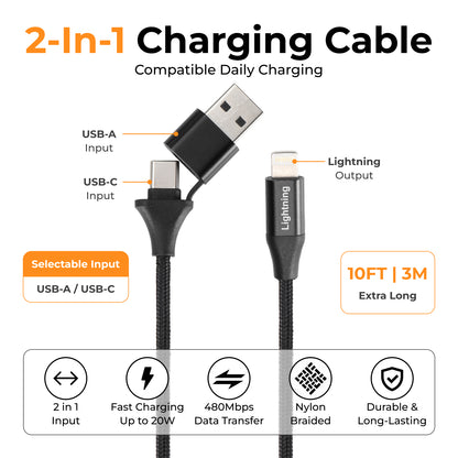 Emerald 10ft Braided USB-A or USB-C to Lightning, Fast Charging & Data Syncing Cable Compatible with iPhone