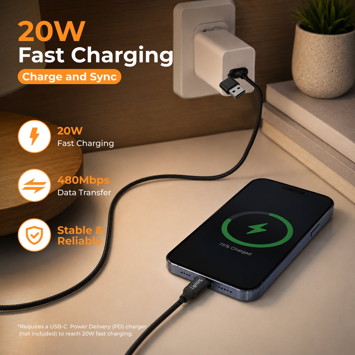 Emerald 10ft Braided USB-A or USB-C to Lightning, Fast Charging & Data Syncing Cable Compatible with iPhone