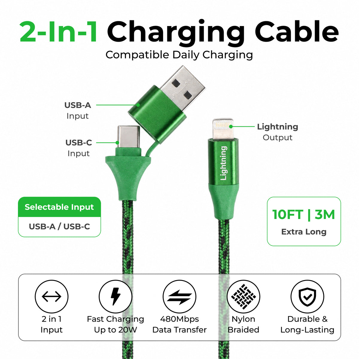 Emerald 10ft Braided USB-A or USB-C to Lightning, Fast Charging & Data Syncing Cable Compatible with iPhone