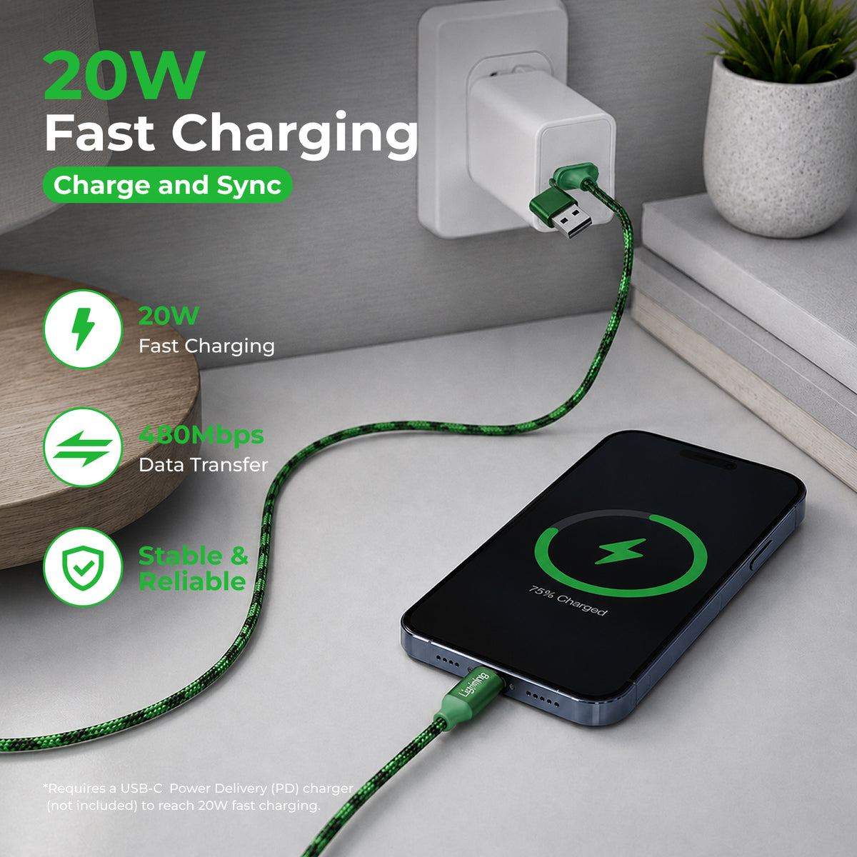 Emerald 10ft Braided USB-A or USB-C to Lightning, Fast Charging & Data Syncing Cable Compatible with iPhone