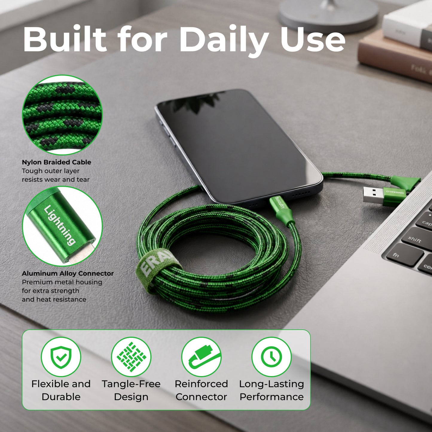 Emerald 10ft Braided USB-A or USB-C to Lightning, Fast Charging & Data Syncing Cable Compatible with iPhone