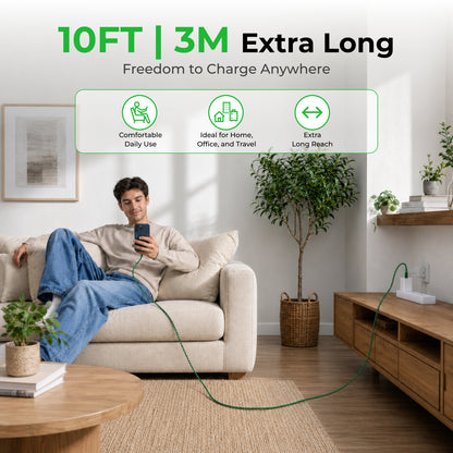 Emerald 10ft Braided USB-A or USB-C to Lightning, Fast Charging & Data Syncing Cable Compatible with iPhone