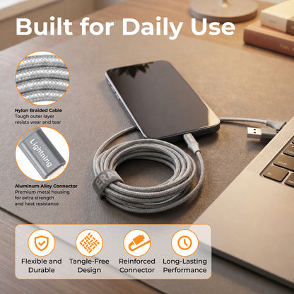 Emerald 10ft Braided USB-A or USB-C to Lightning, Fast Charging & Data Syncing Cable Compatible with iPhone
