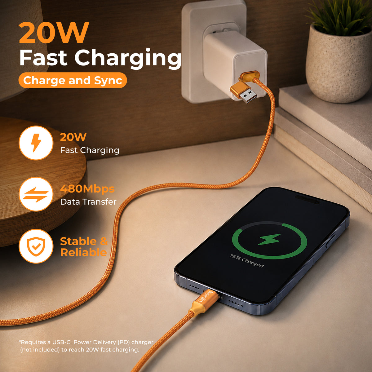 Emerald 10ft Braided USB-A or USB-C to Lightning, Fast Charging & Data Syncing Cable Compatible with iPhone