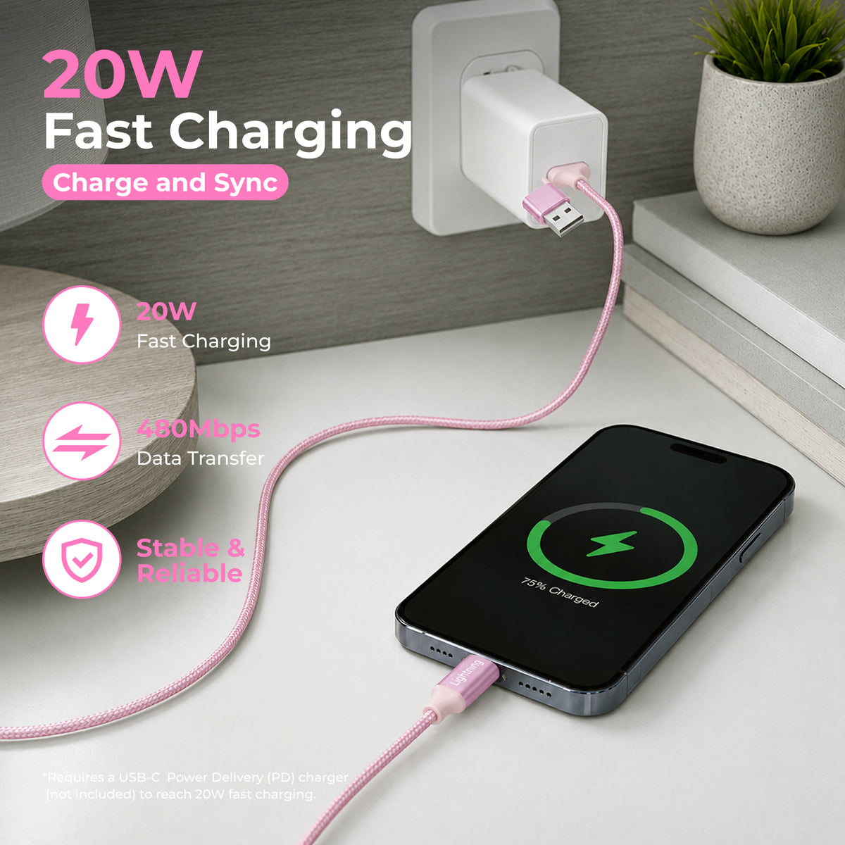 Emerald 10ft Braided USB-A or USB-C to Lightning, Fast Charging & Data Syncing Cable Compatible with iPhone